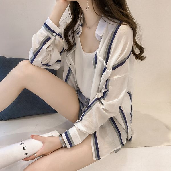 

2020 summer women's new large size shirt women's shirt sunscreen clothes striped loose sunscreen clothes ultra-thin cardigan, White