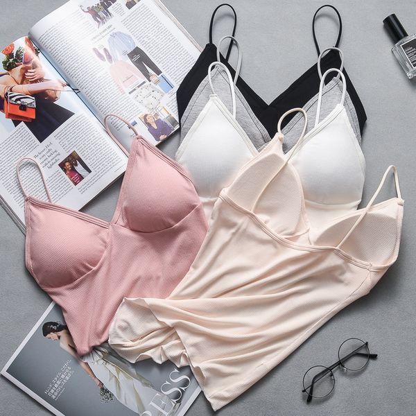 

430u0 thread underwear vest shirt cotton web celebrity can wear outside thin camisole girl with chest pad bra long v-neck base shirt un, White