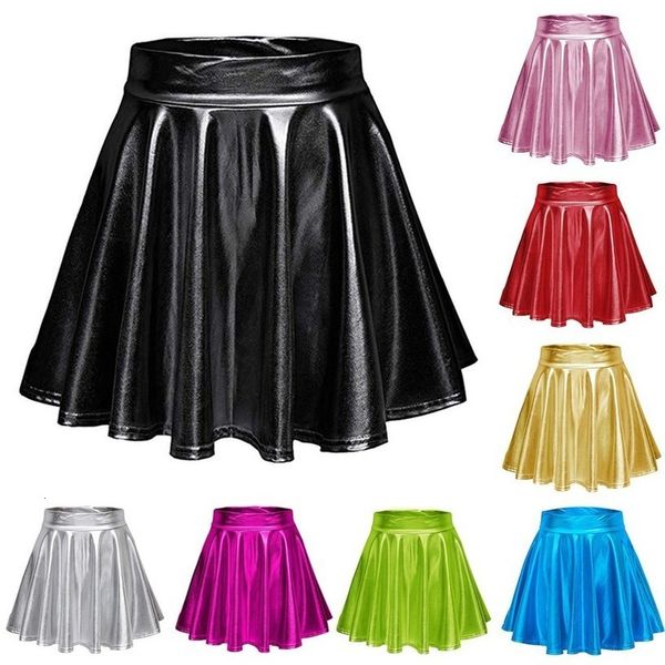 

fashion women metallic mini skirt fashion high waist leather pure color party clubwear casual fold pleated skirt p3, Black
