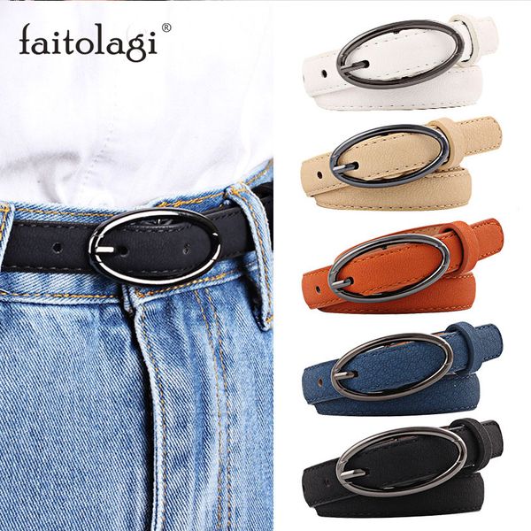 

metal oval buckle women belts black white brown female waist belt fashion thin leather girls jeans pants belts ceinture femme, Black;brown