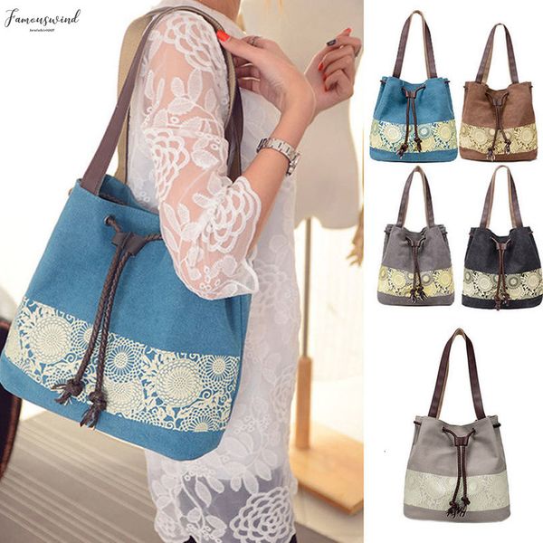 

fashion women canvas shoulder bag flower bags big capacity drawstring tote casual shopping handbag patchwork new