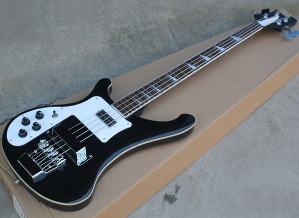 Escanteado 4 strings preto elétrico baixo guitarra com pickguard branco, Rosewood Fretboard