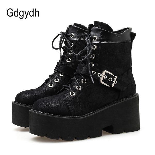 

gdgydh мода коренастый boots платформы женщины узелок квадратный каблук ботильоны женщина punk стиль кожа black spring осень обувь