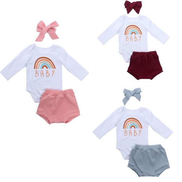 

baby autumn clothing 3 pcs outfit set rainbow letter long sleeve button closure romper triangle shorts pants bow hair band sets, White