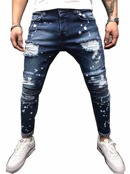 

мужские джинсы casual men high street тонкий прямые жан мужчины европы и америки стиль stretch джинсы мужские мода дыры омывается голубые дж, Blue