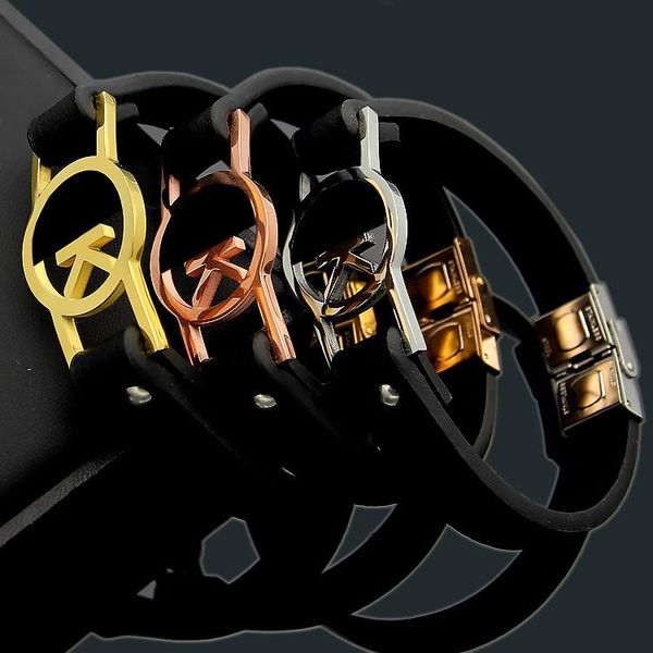 

titanium steel jewelry wholesale hollowed-out k letter single layer leather rope men's bracelet large men's leather bracelet, Golden;silver