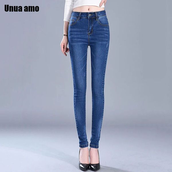 

unua amo skinny jeans women stretch high waist denim pencil pants 2020 stylish casual slim jeans for women size 25-32, Blue