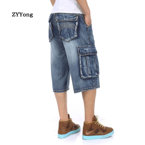 

jeans men denim shorts baggy overalls summer loose straight leisure blue cargo harem pants hip hop streetwear cropped trousers