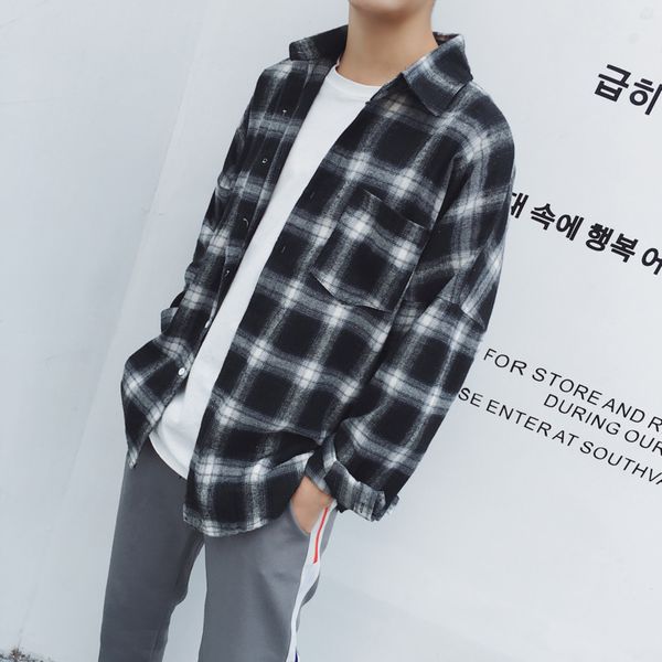 

2020 spring and summer new men's long-sleeved plaid shirt loose casual fashion wild social personality street tide college wind, White;black
