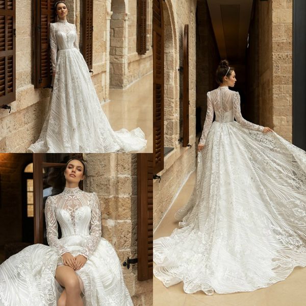 2020 Vintage Brautkleider mit voller Spitze, Stehkragen und langen Ärmeln, Brautkleider mit Knöpfen hinten, Robe de Mari￩e