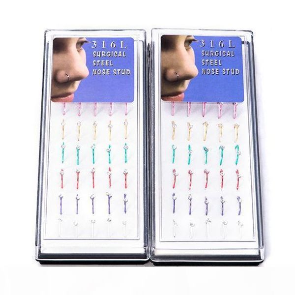 

316l stainless steel hoop nose ring 40pcs each box cz gemstone body jewelry piercing nose stud gold nose rings, Silver
