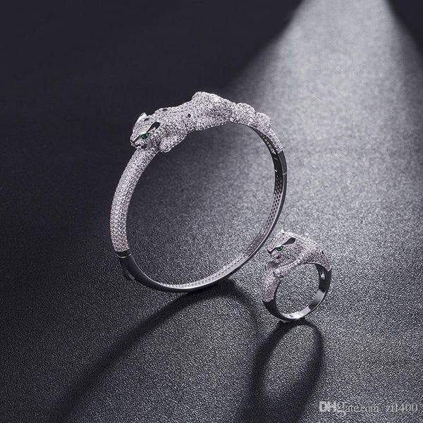 

women leopard diamond bangle 925 silver animal bangle panther panthÃ¨re de head classic stone bracelet woman party hollow bangles, Black