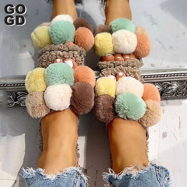 

gogd]ins explosion thick bottom wool slippers women flat bottom non-slip elastic band warm sandals, Black