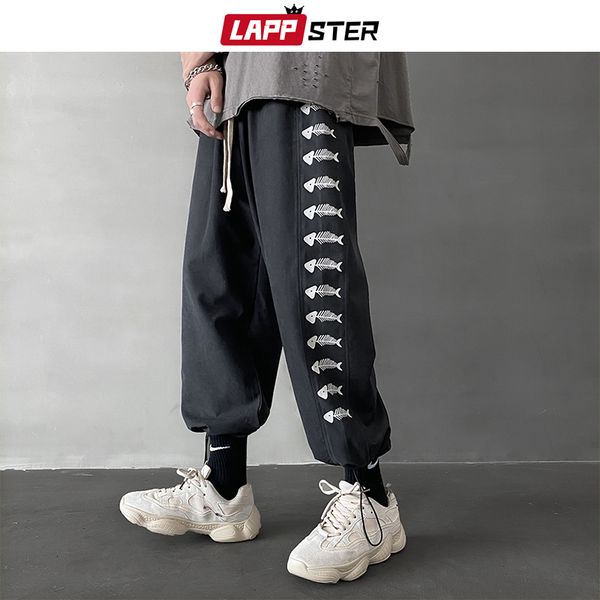 

lappster men japanese streetwear joggers pants 2020 mens side striped fishbone sweatpants hip hop casual loose harem pants, Black