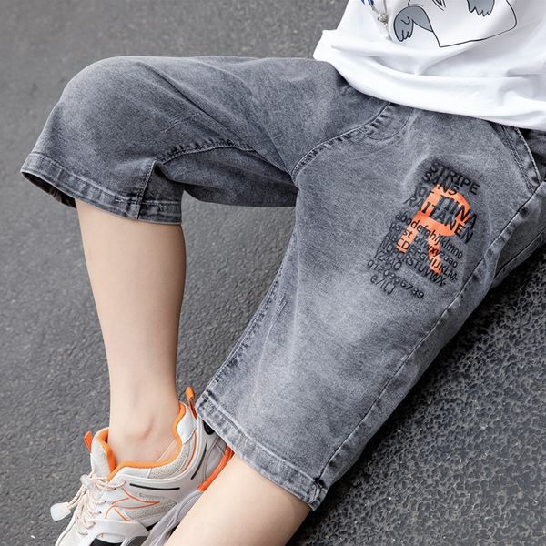 

children's wear 2020 new men's handsome boy and children's wear jeans letter printing all-match casual jeans medium pants fas, Blue