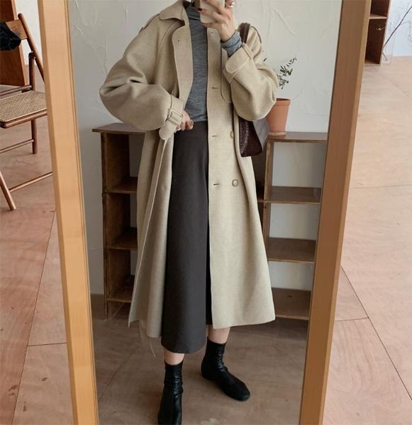 

new elegant autumn winter faux wool coat women windbreaker long outerwear belt woolen coat trench female, Black