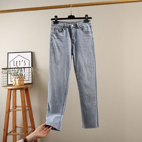 

giokw 2020 summer large size women's clothing thin soft small straight ankle-length pants fat mm plus size light color high waist and j, Blue