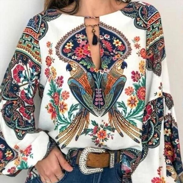 

2020 women regular bohemian clothing plus size blouse shirt vintage floral print ladies s blouses casual blusa feminina, White