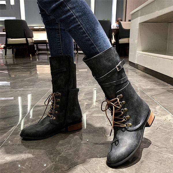 

women winter boots rome pu leather lace up zippers female casual low heels shoes solid color warm 2020 new boots, Black