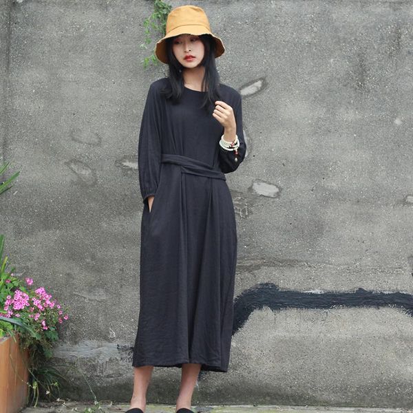 

johnature spring vintage dress 2020 new cotton and linen wrist sleeve o-neck solid color loose comfortable simple women dresses, Black;gray