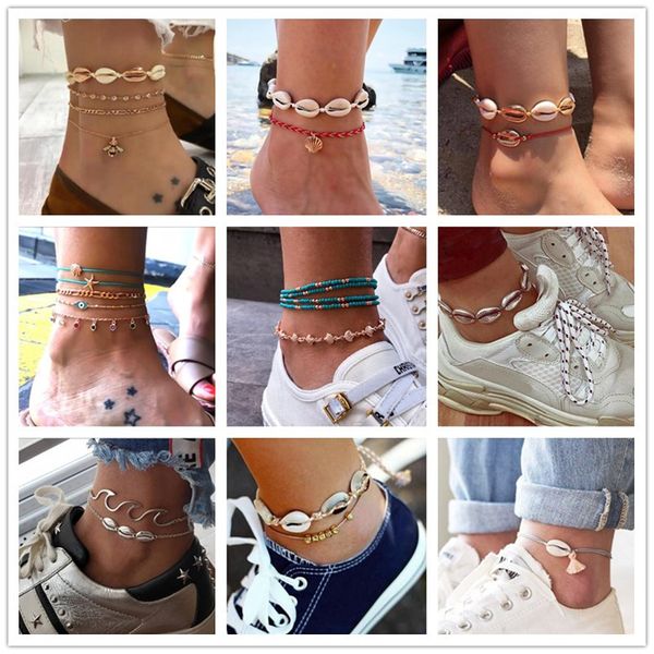 

bohemia summer new fashion jewelry gold silver color anklets shell round flowers geometric shape for women men anklets, Red;blue