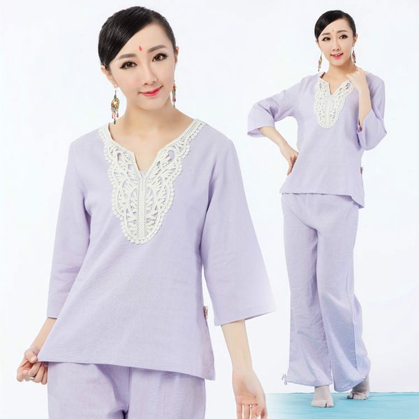 

women tai chi yoga set linen quickly dry loose sweatshirt+pant jogger outfit casual kungfu martial art meditation set sportswear, White;red