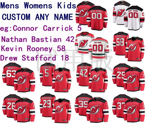 

new jersey devils jersey connor carrick nathan bastian kevin rooney men red white hockey jerseys custom stitched, Black;red