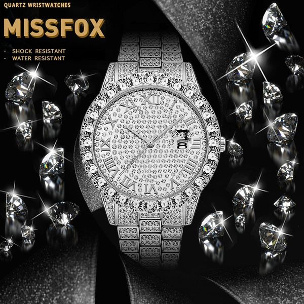 

слепой dropshipping missfox мужские часы кварцевые наручные часы iced out часы мужские роскошные hiphop мужские алмазные часы с подарочной к, Slivery;brown
