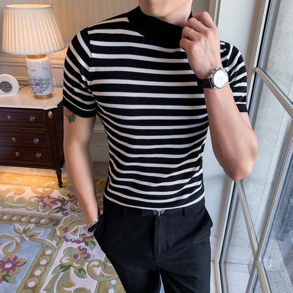 

men's short sleeve sweater 2020 fashion street clothing stripe men's casual slim slim casual turtleneck sweater -3xl, White;black