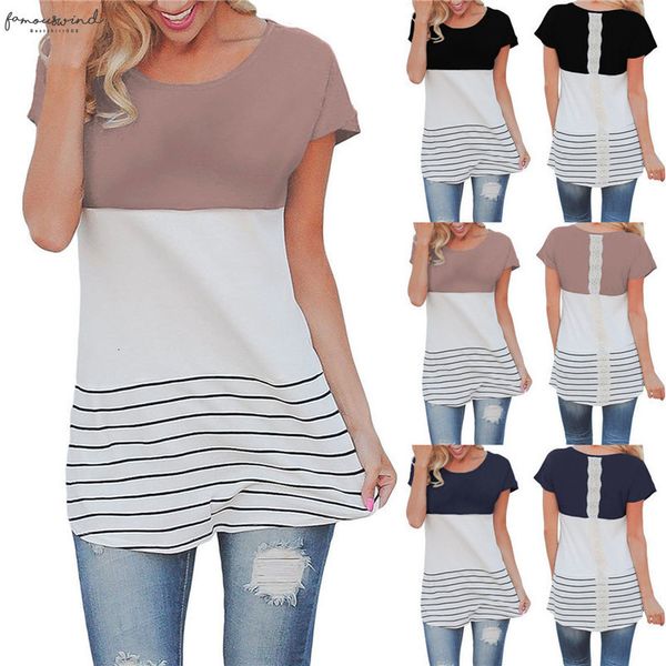 

summer women patchwork back lace striped short sleeve female blouse casual striped loose hollow out blouse shirts leisure top, White