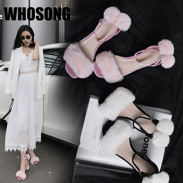 

women sandals woman fur sandalias high thick heels ladies real leather sandals female brand footware shoes zapatos de mujer new, Black