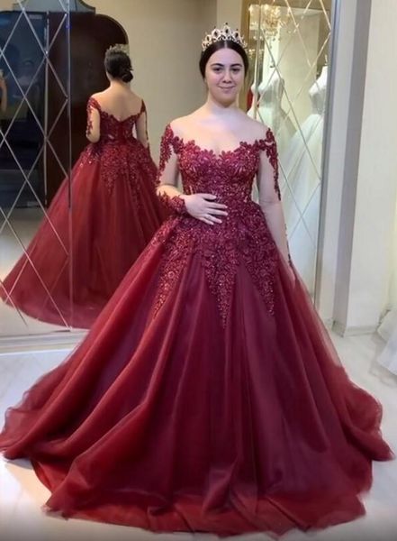 

arabic quinceanera dresses sweet 16 burgundy lace beaded evening dresses sheer neck prom dresses long sleeves formal party gowns c35, Blue;red