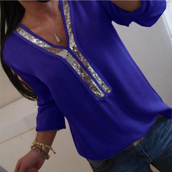 

womens clothing ladies regular women sequins office blouse v neck casual loose plus size, White