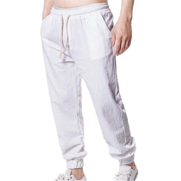 

new men cotton linen sports pants spring autumn casual solid little trousers fashion beam feet jogging pants male trousers, Black