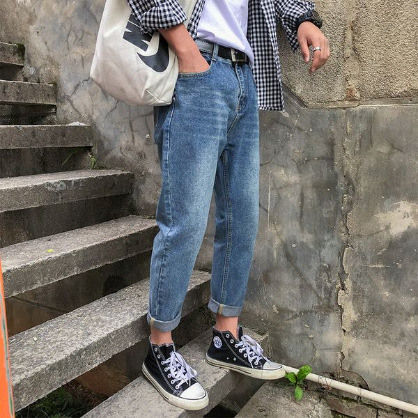 

wholesale 2020 men's summer trendy men women couple casual pants korean retro tooling loose wide leg straight jeans wholesale, Blue