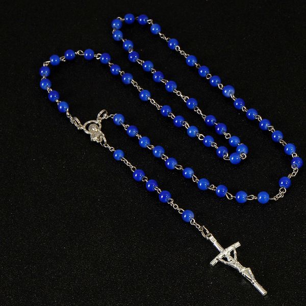 

6mm blue pearl beads rosary pendant necklace alloy cross virgin mary center accessories christian catholic religious jewelry, Silver