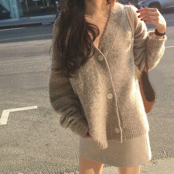 

new winter women cardigan coat loose long sleeve thick mohair sweater casual female solid knit sweater coat, White;black
