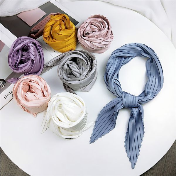 

70*70cm small crinkle hijab scarf for women silk neck scarfs female square headband cute kerchief solid hair scarves for ladies, Blue;gray