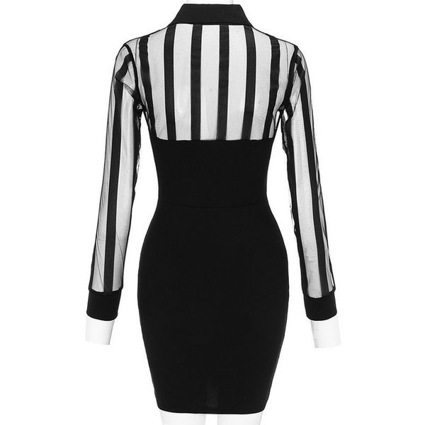 

work dress women long sleeve sheer striped mesh patchwork bodycon office dress solid asymmetrical neck polyester sukienki, Black;gray