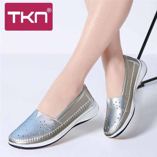 

tkn 2020 spring women ballet flats shoes white sneakers women slip on genuine leather boat shoes cutout moccasins womens 7685, Black