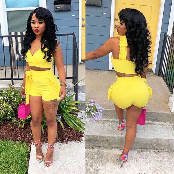 

women summer bodycon ruffle crop shorts 2 pieces set yellow v neck clubwear outfit, Gray