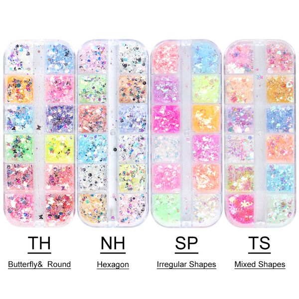 

12grids 3d ultrathin sequins irregular round butterfly shape nail art glitter flakes mixed hexagon mini paillette sparkly diy nail art decor, Silver;gold