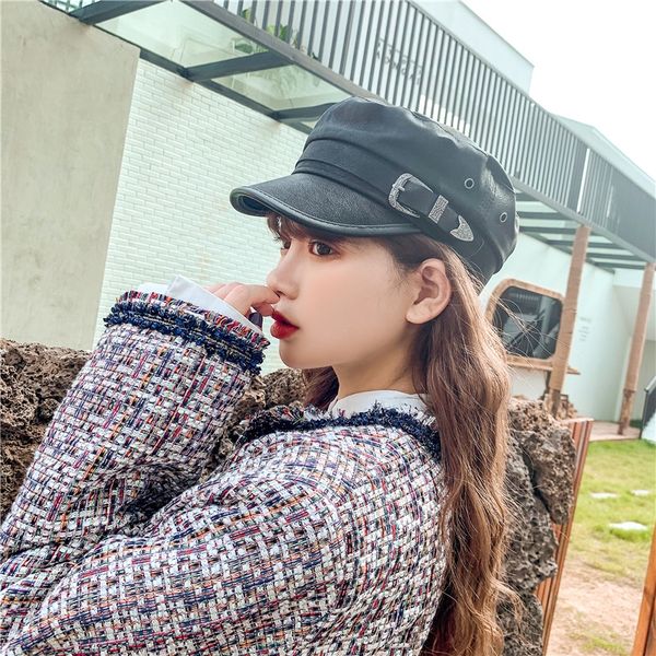 

female pu korean style fashionable versatile artist british pumpkin beret beret hat small size pumpkin hat, Blue;gray