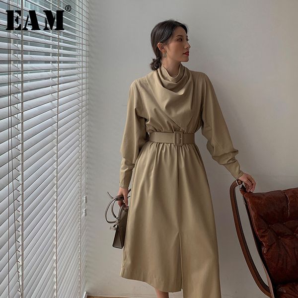 

eam] women khaki irregular long elegant dress new stand collar long sleeve loose fit fashion tide spring autumn2020 1w475, Black;gray