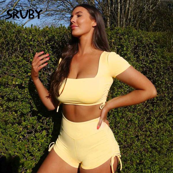 

sruby 2 layers elastic crop set and drawstring shorts backless hollow 2 pieces set women home clothes tracksuit outfit, White