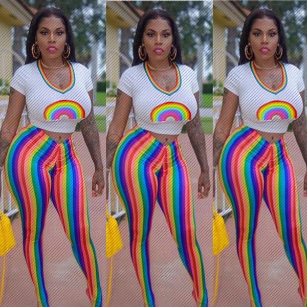 

h8881 amazon selling european and american womens rainbow printed short-sleeved shirt colorful striped trousers two-piece set, Black;white