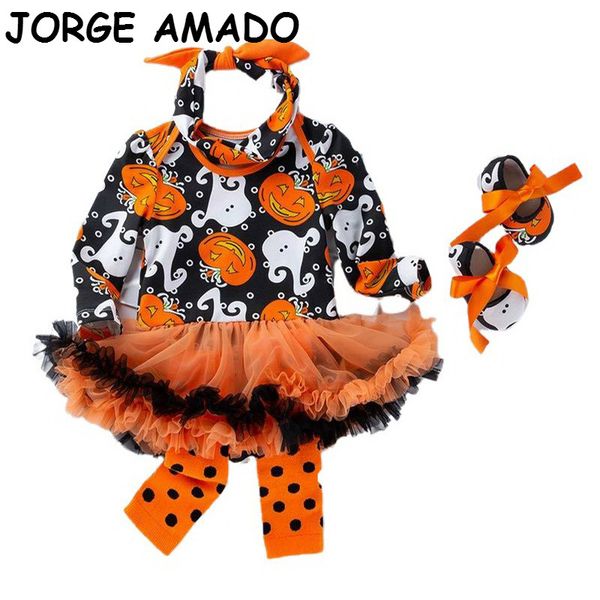 

2020 baby halloween dress pumpkin 1st birthday dress bodysuit+shoes+socks+headband 4pcs sets baby dress girl clothes yk013, Red;yellow