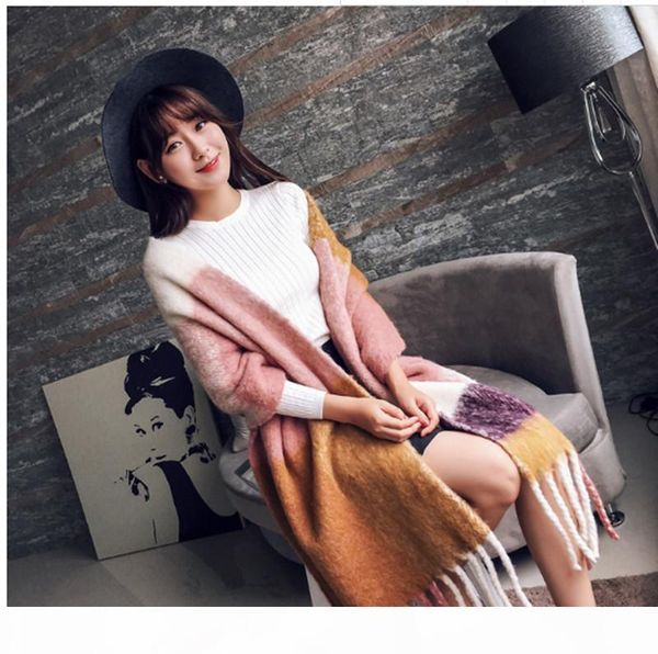 

thick long tassel scarf for women mixed color wild warm shawl female autumn and winter new color fringed scarf, Blue;gray