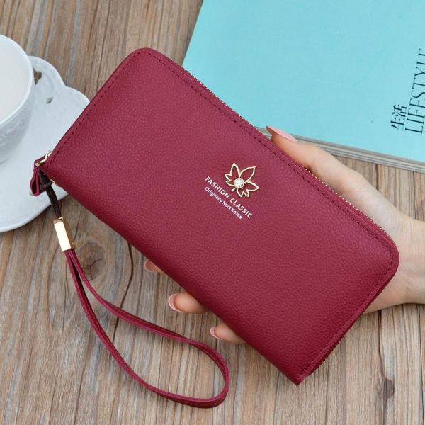 

big red wallet ladies long fashion 2020 japan and south korea zipper large capacity litchi pattern leaf wallet clutch bag 11