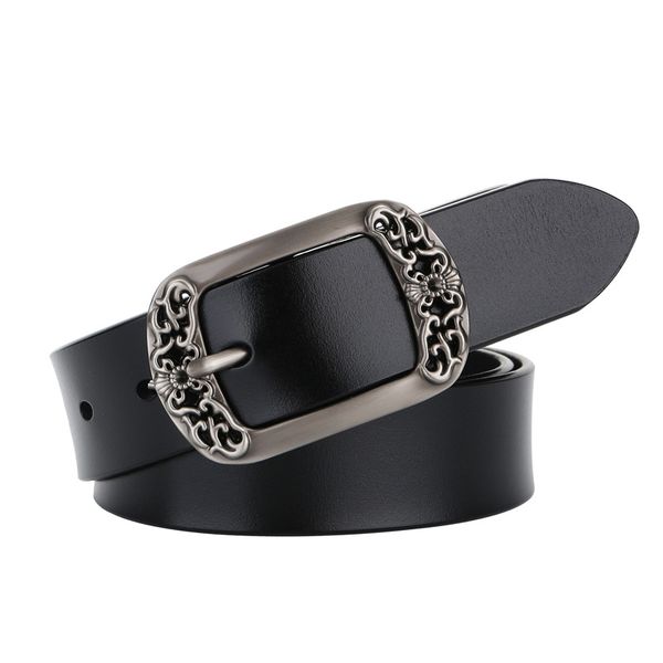 

ladies black carved flower buckle belt good quality cow genuine leather belts for women jeans 110cm length dress accessories, Black;brown